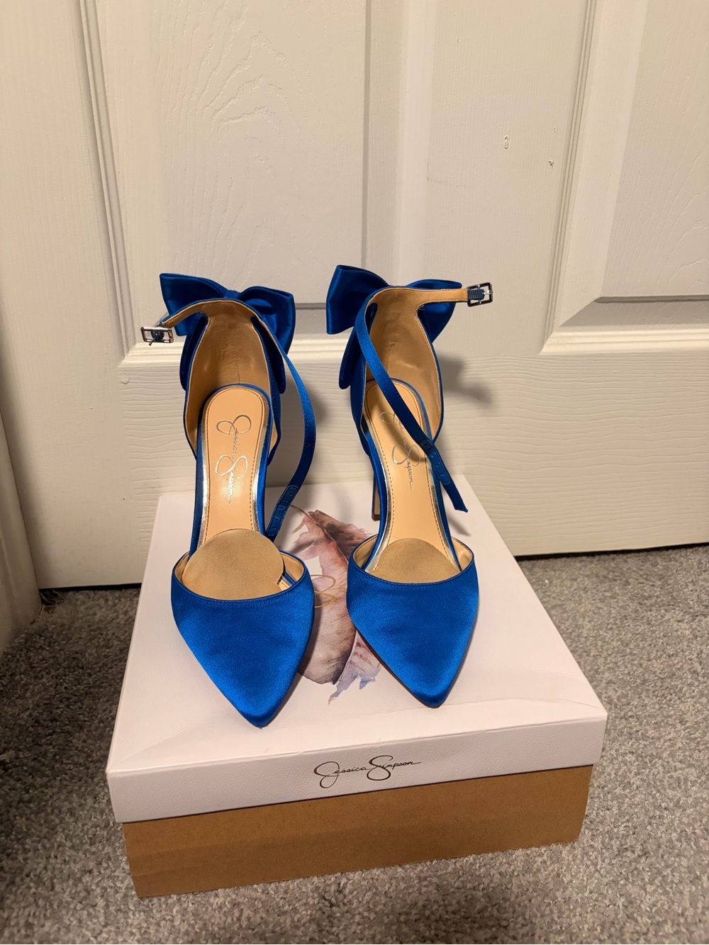 Jessica Simpson Royal Blue Satin Pointed Toe Ankle-Strap Heels with Back Bows